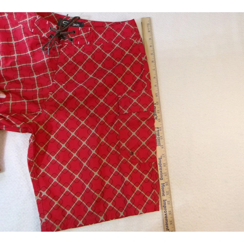 Oakley Mens Red Geometric Print Board Shorts Size 32 Swim Trunks Cargo‎ Pocket